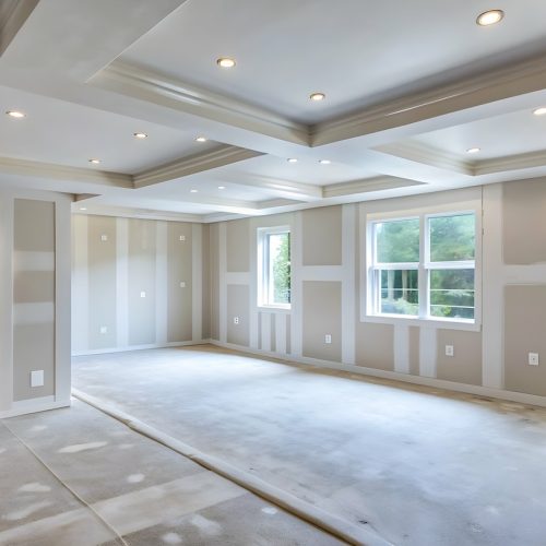 Walls of newly built home are smoothly plastered with gypsum ready for painting